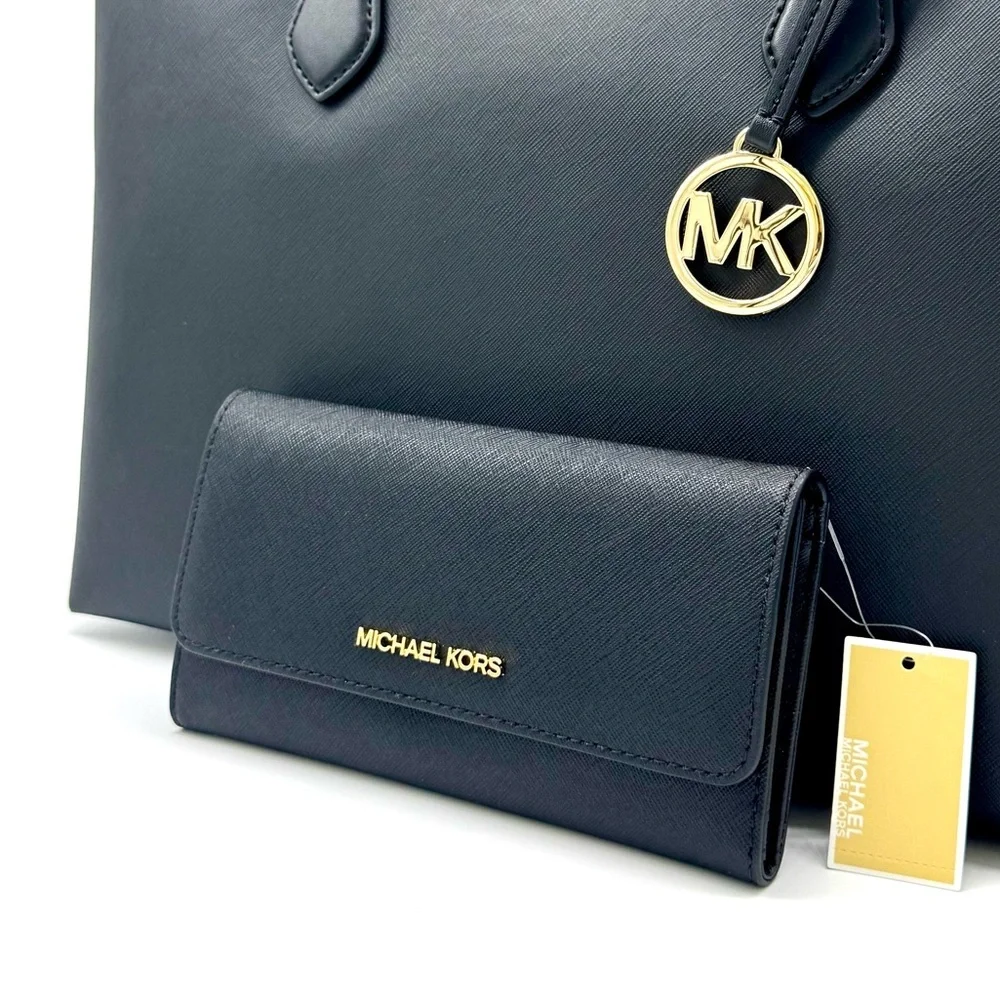 Michael Kors Sheila Large Logo Tote Bag & Matching Trifold Wallet Black/Gold